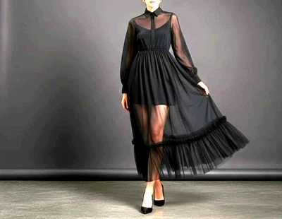 Maxi abrigo elástico de organza transparente con volantes dobladillo noche fiesta vestido para mujer Foto 1 de 4