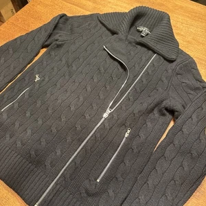 RALPH LAUREN Black Label CASHMERE Moto Zip Front Pockets Cable Sweater Jacket M - Bild 1 von 24