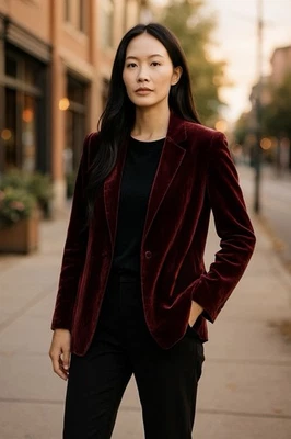 Eileen Fisher Silk Blend Velvet Blazer Jacket Medium Burgundy Pockets Holiday - Image 1 of 4