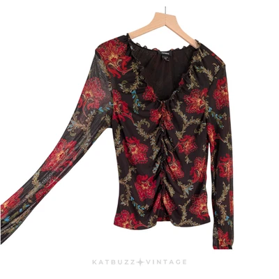 Top Floral Y2K Express L Marrón Rojo Malla Floral Hada Grunge Capricho Manga Larga Foto 1 de 4