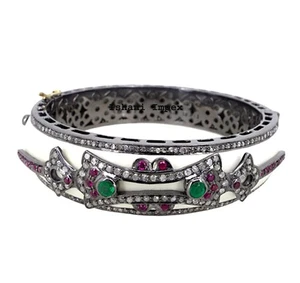 Natural Rosecut Diamond Ruby Emerald 925 Sterling Silver Bangle Enamel Jewelry - Picture 1 of 1