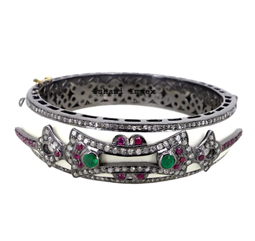 Natural Rosecut Diamond Ruby Emerald 925 Sterling Silver Bangle Enamel Jewelry - Image 1 of 1