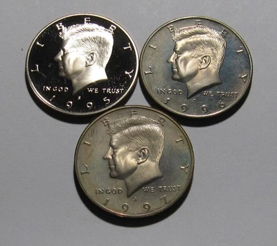 1995 S 1996 S 1997 S Kennedy Half Dollar Proof - Mixed BU Condition - 212SA - Image 1 of 2