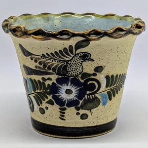 Tonala Mexican Pottery Fluted Rim Floral Design Planter Signed - Picture 1 of 7