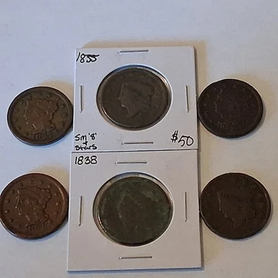 1835- 1854 Large Cent Lot 6 Coins W/ 1835 Sm 8 + Stars - Image 1 of 4
