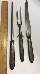 "Juego de talla de 3 piezas de colección de aspecto gótico antiguo cuchillo horquilla de acero manijas de pera 13""" - Imagen 1 de 6