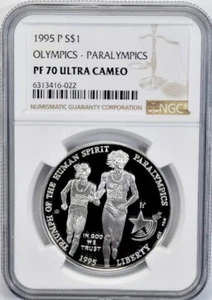 1995 OLYMPICS PARALYMPICS BLIND RUNNER Silver Dollar NGC PF70💥FLAWLESS QUALITY - Picture 1 of 5
