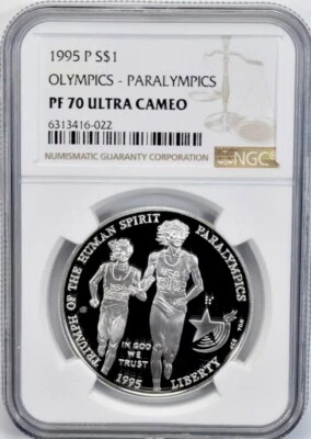 1995 OLYMPICS PARALYMPICS BLIND RUNNER Silver Dollar NGC PF70💥FLAWLESS QUALITY - Image 1 of 4