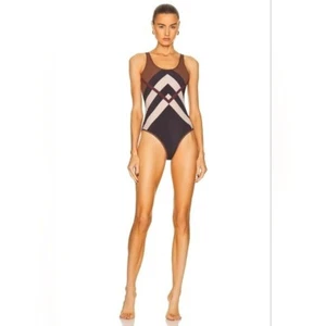 $530 Burberry Dark Birch Brown Jolie Cleddau Chevron Check One-Piece Swimsuit XS - Picture 1 of 9