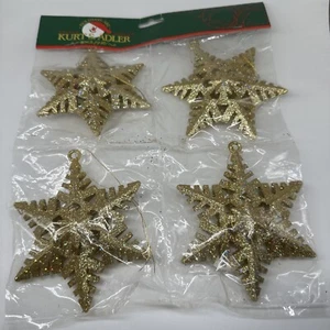 VINTAGE KURT S ADLER CHRISTMAS ORNAMENTS GOLD TONE 4 STARS NEW Glitter - Picture 1 of 4