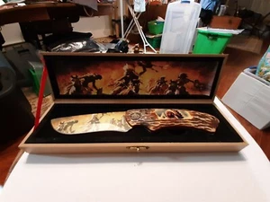 Collectors Edition Knife With Faux Wood Handle With Images of Native Americans - Picture 1 of 4