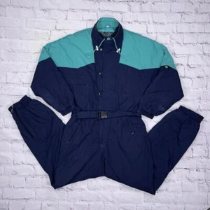 Vintage 02 Navy Blue Turquoise Retro 80s 90s Funky Insulated Ski Jump Snow Suit - Picture 1 of 6