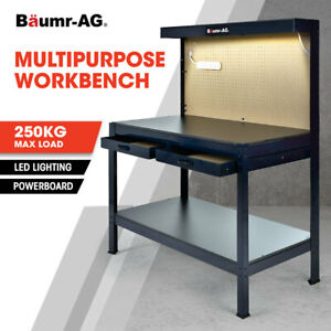 BAUMR-AG Steel Workbench Pegboard LED Lighting Garage Workshop Bench Work Table