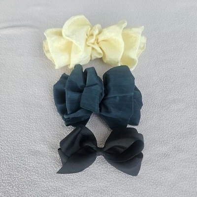 VTG French Barrette Hair Bow Clips Set of 3 Black Yellow Hunter Green Large - Image 1 of 4