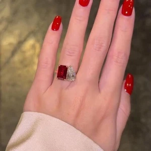 Luxury Red Emerald Cut Ruby Ring with Moissanite Pear Cut Women 14K Gold Plated - Picture 1 of 5