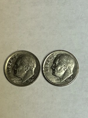 TWO~1997 P Roosevelt Dimes~Off Center Strike Error Coins ~Circulated - Image 1 of 4