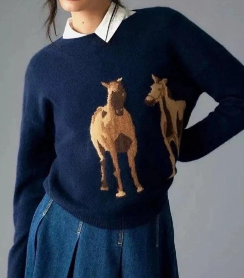 Suéter Anthropologie Cachemira Intarsia Caballo Maeve Western Azul Marino Talla Pequeña Foto 1 de 4