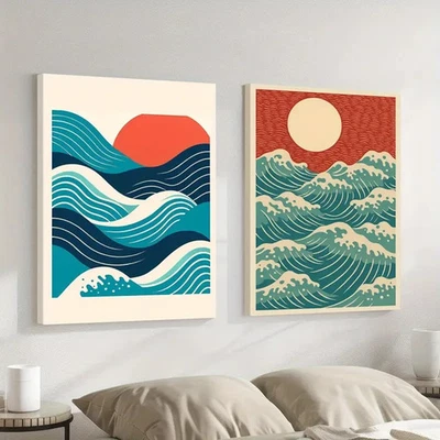 2pcs Ocean Waves Sunset Modern Vibes Wall Art Canvas Unframed - Image 1 of 4