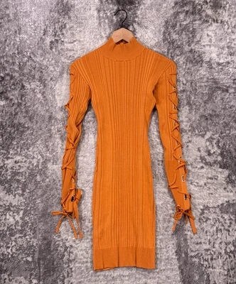 Herve Leger платье XS женщин оранжевый ребро шнурует вверх обтяжку длинным рукавом мини насмешливый - Изображение 1 из 4