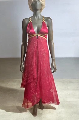 Vintage Y2K Bebe Silk Chiffon Gold Shimmer Goddess Asymmetric Maxi Fairy Gown - Image 1 of 4