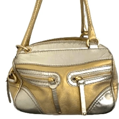 Hogan Metallic Shoulder Bag Tote Gold Silver Leather Satchel Handbag Purse Glam - Image 1 of 4