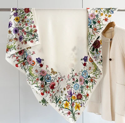 Lenço de pescoço feminino 70% cashmere 30% seda quadrado estampa floral de renda 135X135cm  - Imagem 1 de 4