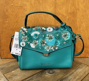 Michael Kors Bristol Handbag Floral Applique Satchel Tile Blue Teal Embellished - Picture 1 of 13