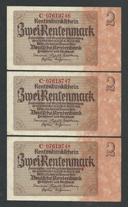 GERMANY 2 Mark, Marks a UNC /q FDS 3 consecutive RENTENMARK 30-01-1937 Rare !!! - Picture 1 of 3