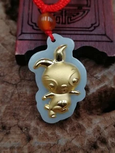 Certified Natural Jadeite Jade 24K Gold Inlaid Lovely Rabbit pendant Necklace金玉兔 - Picture 1 of 6