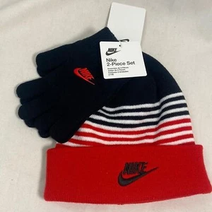 new NIKE knit beanie hat set black gloves boys stripes gorp outdoor winter - Picture 1 of 5