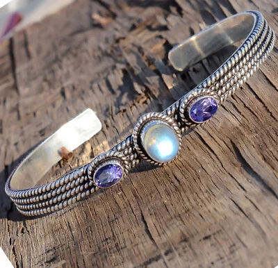 Labradorite, Cut Amethyst Gemstone Bracelet 925 Sterling Silver Handmade Cuff - Image 1 of 4