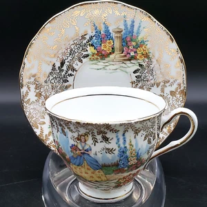 Vintage Colclough Bone China Cup and Saucer Lady in Garden Scene Gold Chintz - Picture 1 of 11