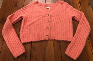 So Cardigan Sweater Pink V-Neck Button-Up Cropped Stretchy Fuzzy Soft Medium M - Picture 1 of 12