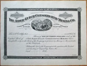 Virginia City, MT 1880 Stock Certificate Alder Gulch Consolidated Mining Montana - Bild 1 von 1