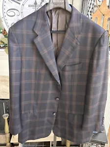 KITON men's sport jacket coat 100% cashmere 3 btn - black w/brown plaid - US 46R - Picture 1 of 8