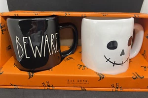 Pottery Halloween Black White Mug Set Beware Black Jack O Lantern Rae Dunn - Picture 1 of 3
