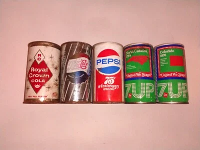 5 latas pop vintage: corona real rara, Pepsi Big Cap, estado Pepsi 75 y 2 7up Foto 1 de 4