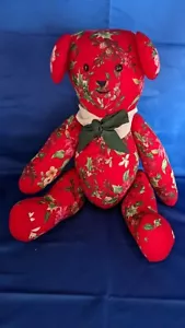 Red Christmas Bear Plush With Poinsettia And Holly Berries - Picture 1 of 3
