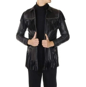 Men Western Cowboy Suede Fringe Jacket Beaded Native American Leather Jacket - Picture 1 of 3