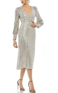 Mac Duggal 10809 Silver Beaded Sequined V Neck Long Sleeve Midi Dress Size 12 - Picture 1 of 12
