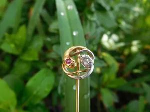 French Victorian 18K Gold Platinum Diamond Ruby Loop Serpents Snakes Stick Pin🐍 - Picture 1 of 17
