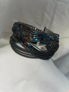 Wide cuff bracelet - braided wire with bead accents - black metal - Picture 1 of 4