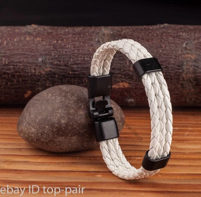 Trendy Mens White Rope Braided Synthetic Leather Bracelet Wristband Black Clasp - Image 1 of 4