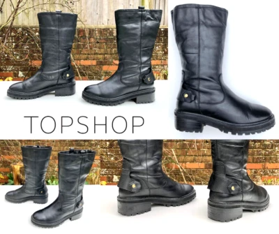 TopShop Botas de Motociclista de Cuero, Media pantorrilla, NEGRAS con Tachuelas, Pull On (38) UK 5 EN MUY BUENA CONDICIÓN Foto 1 de 4