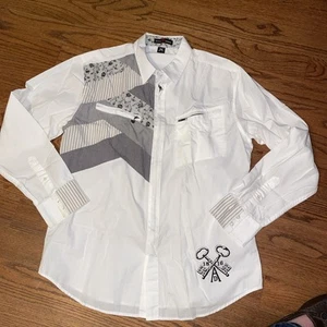 Artful Dodger Zip Up Shirt 2XL Men’s White & Black Y2K Patchwork - Picture 1 of 15