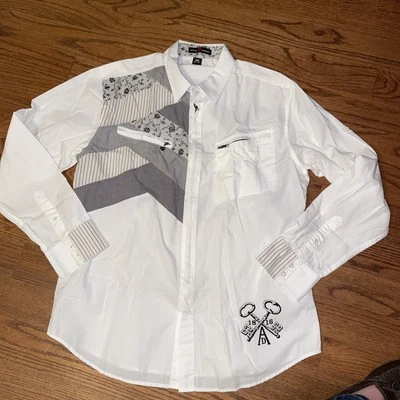 Artful Dodger Zip Up Shirt 2XL Men’s White & Black Y2K Patchwork - Image 1 of 4