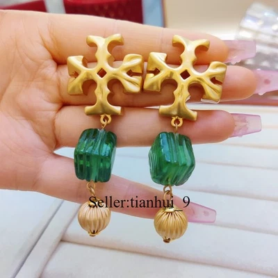 New! Tory Roxanne Azure Green 18K Gold Plated Double Drop Clip-On Earrings - Image 1 of 4