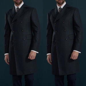 Black Men Long Overcoat Wide Peak Lapel Double Breasted Winter Men Long Jacket - Picture 1 of 6