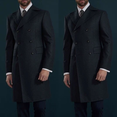 Black Men Long Overcoat Wide Peak Lapel Double Breasted Winter Men Long Jacket - Image 1 of 4