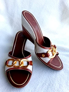 Sandalia de cuña Cole Haan Kina talla 10B natural marrón tostado lino punta abierta sin cordones - Imagen 1 de 8